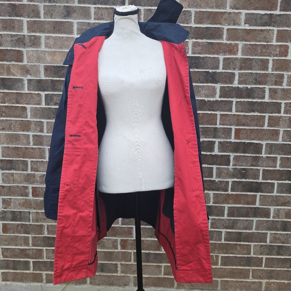 Coach Red Navy Hooded Trench Coat Women’s Medium Colorblock Button Front - Picture 2 of 9